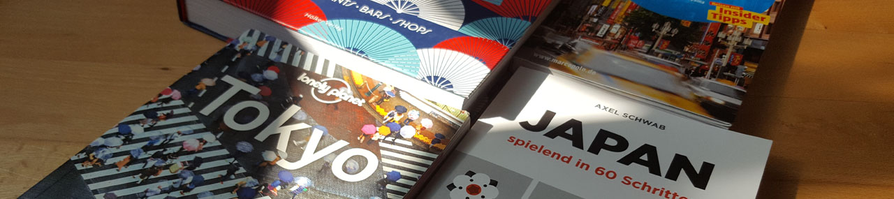 Bücher zur Japan-Reisevorbereitung: „Japan spielend in 60 Schritten“, Marco Polo, Lonely Planet, „Tokio – Die besten Geheimtipps“